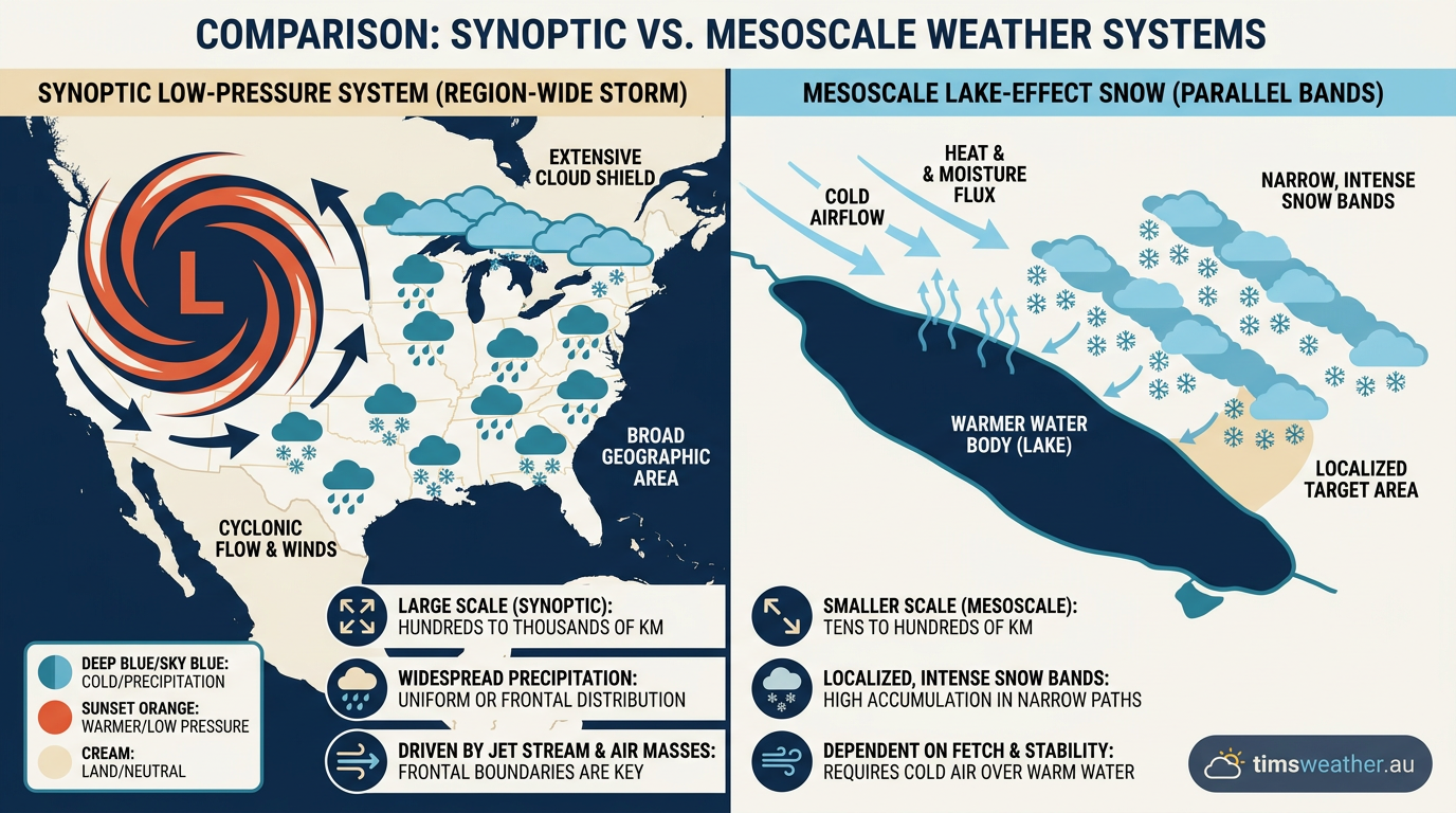Comparison diagram showing synoptic-scale cyclonic snowfall versus localized lake-effect bands.