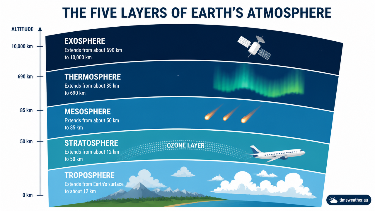 Diagram showing the five layers of the atmosphere from the troposphere to the exosphere.