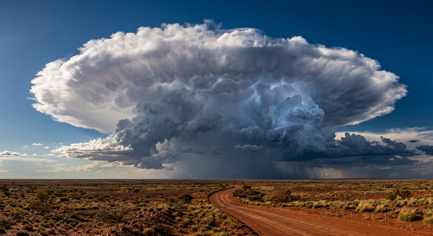A large thunderstorm cloud pushing against the upper limits of the troposphere in the Australian outback.