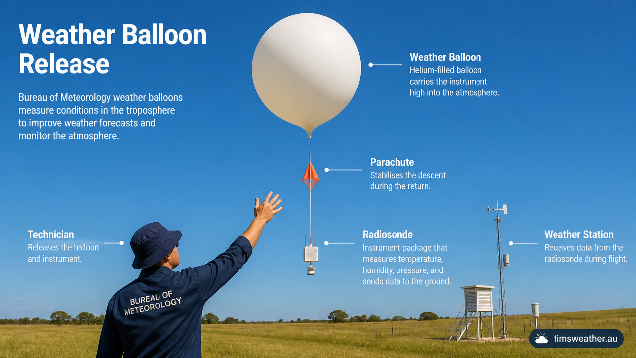 A weather balloon taking off to measure temperature and pressure in the atmospheric layers.