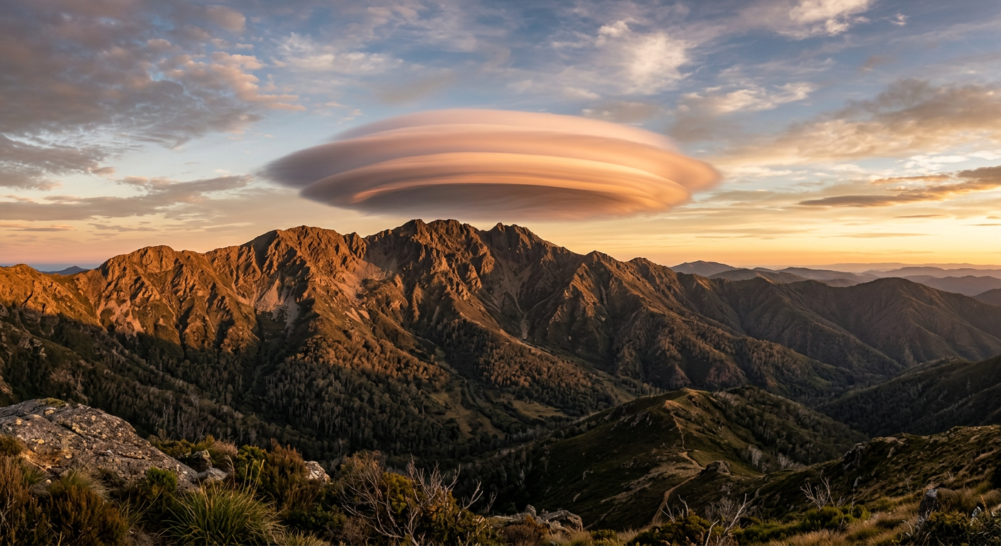 A smooth lenticular cloud hovering above an Australian mountain peak during sunset.