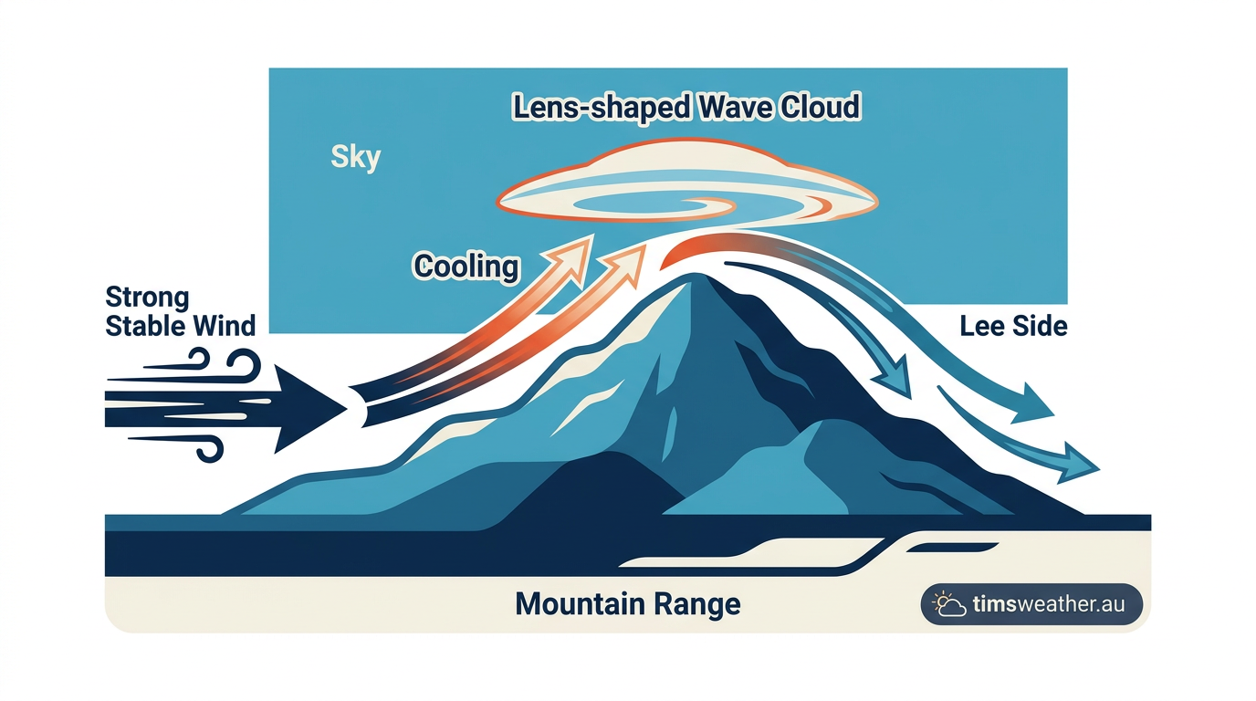 Diagram explaining the orographic lift and stable air flow that creates a stationary wave cloud.
