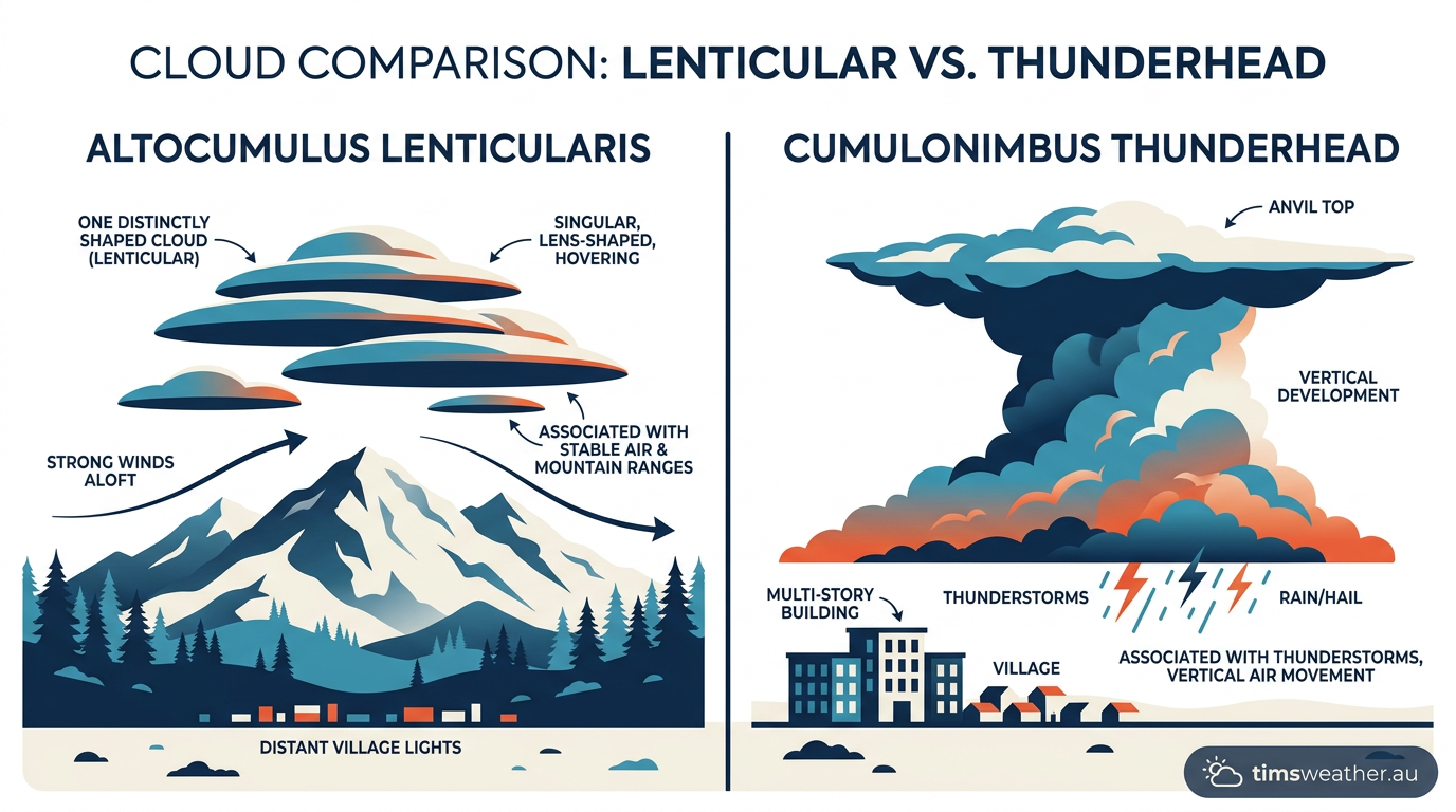 Comparison between smooth layered UFO clouds and standard vertically developing thunderstorm clouds.