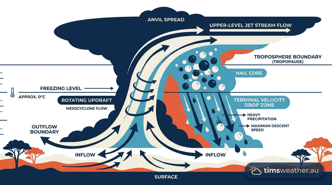 Diagram showing how giant hail forms inside an Australian supercell thunderstorm using strong vertical updrafts and supercooled water