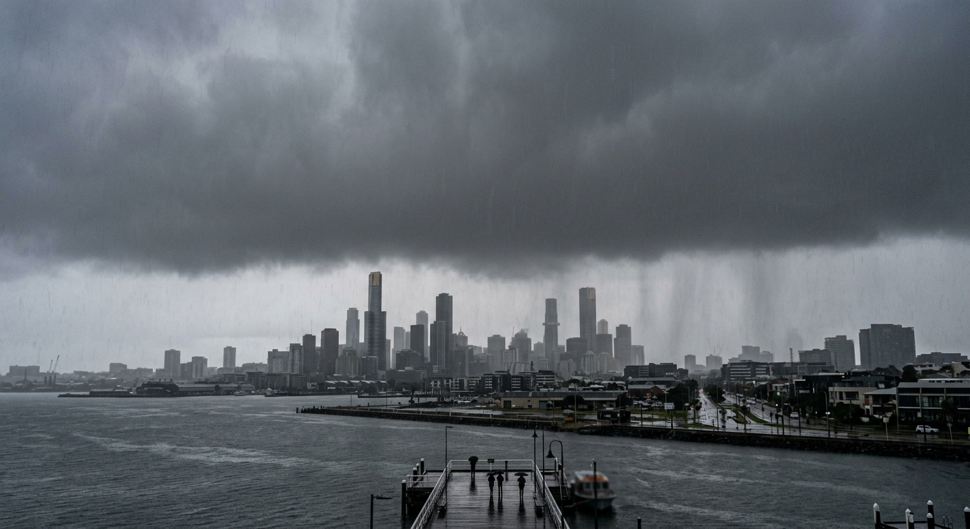 A thick grey nimbostratus cloud deck producing steady widespread rain over a city.