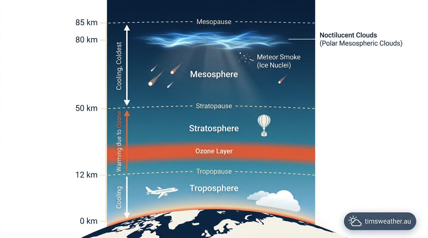 Atmospheric diagram showing noctilucent clouds formation in the high-altitude mesosphere