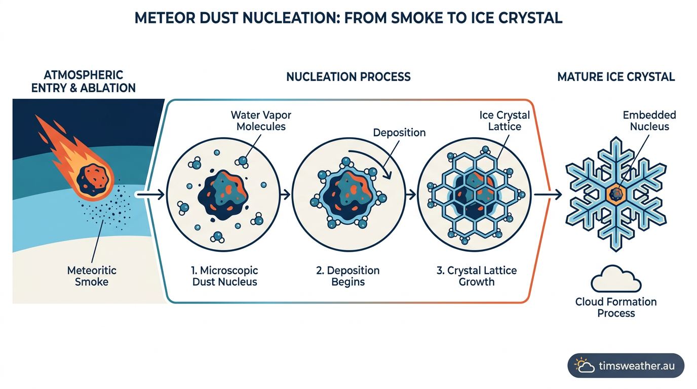 Diagram showing water vapour turning into ice crystals on meteor smoke nuclei