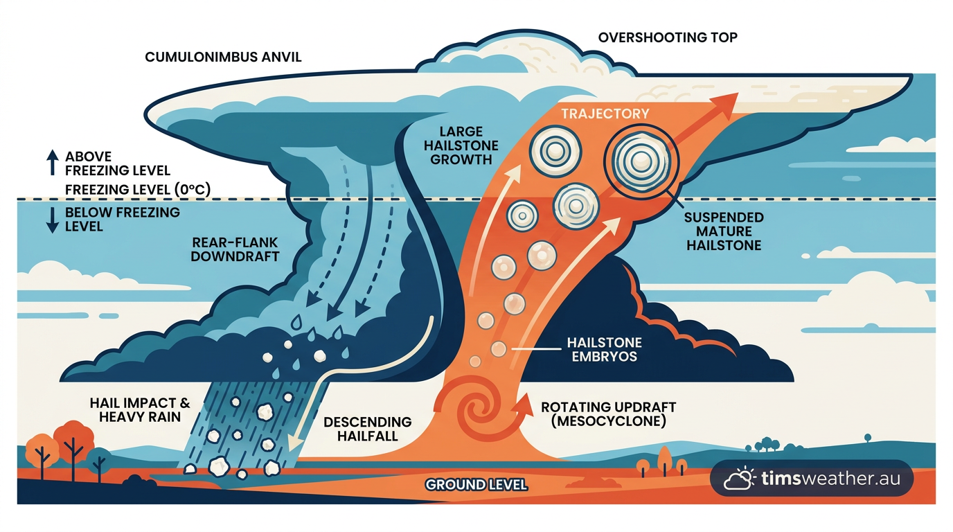 Infographic diagram of hail formation and updraft mechanics inside a severe supercell thunderstorm.