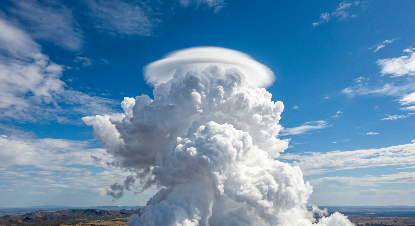A smooth pileus cloud formation sitting on top of a growing cumulus congestus tower.