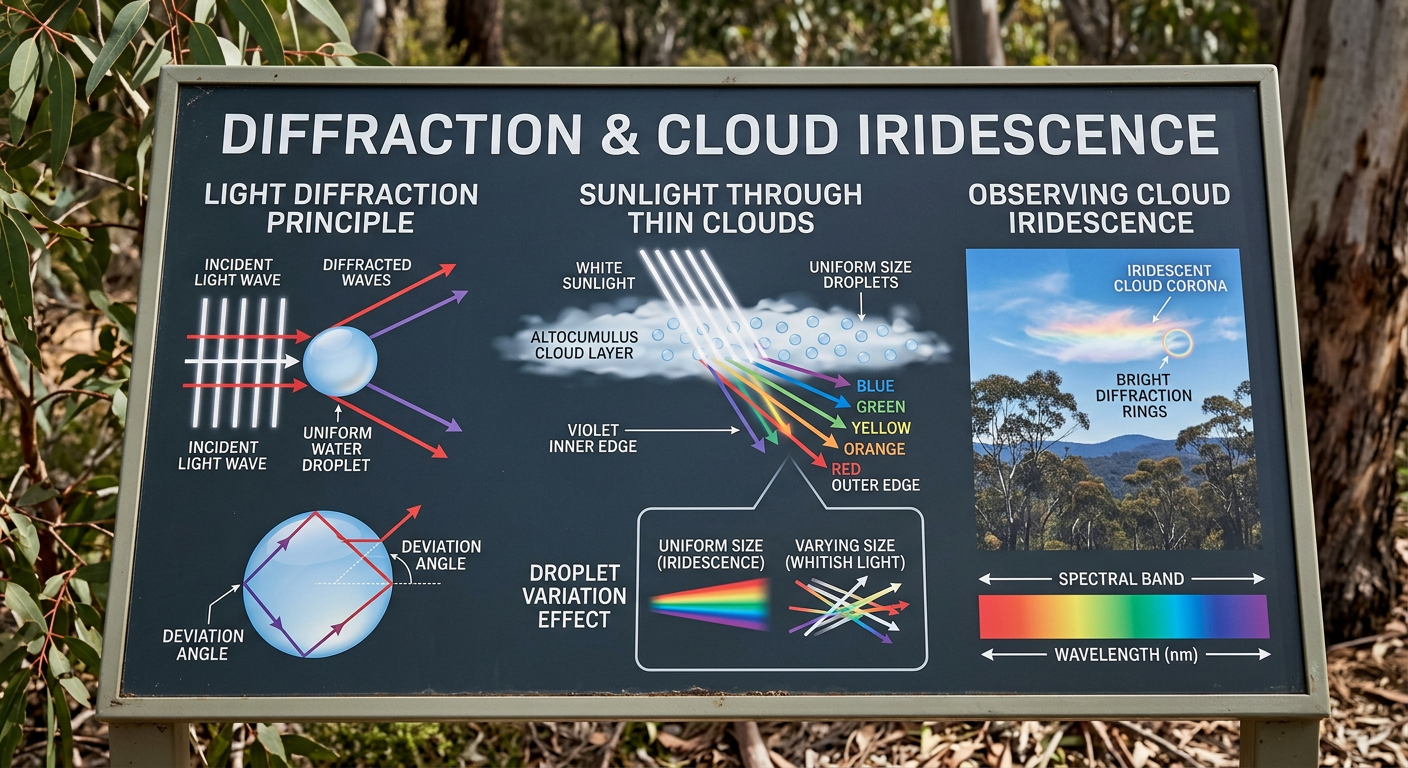 Diagram explaining the physical diffraction of sunlight through uniform water droplets.