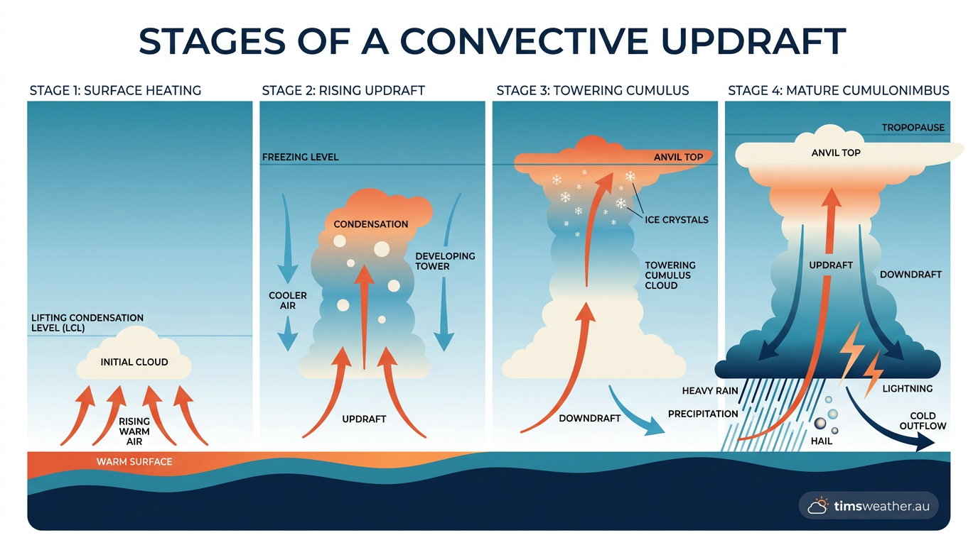Diagram showing how strong convective updrafts push air upwards to form tall storm clouds.