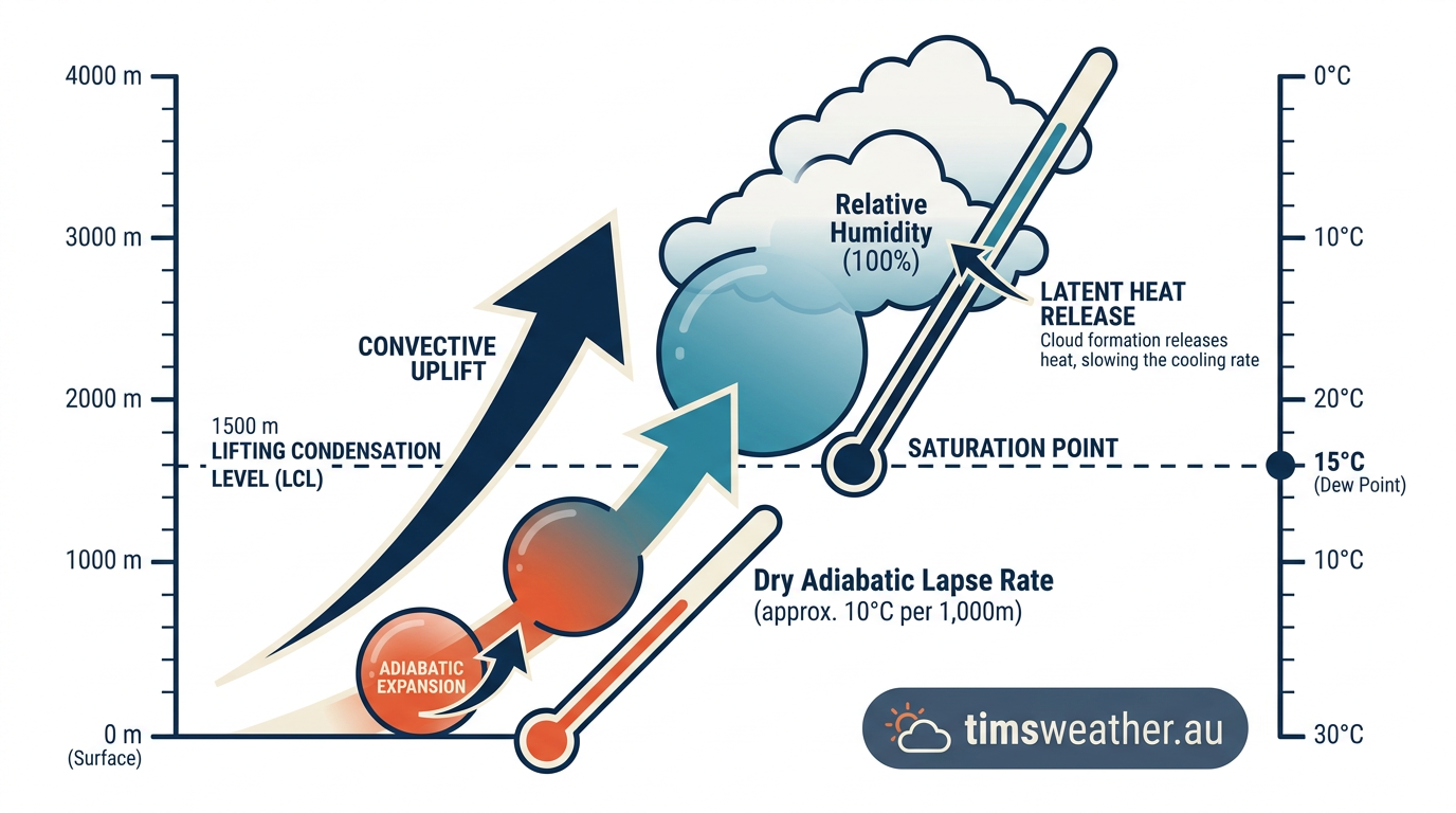 Educational illustration of adiabatic cooling where lifted atmospheric moisture reaches its dew point.