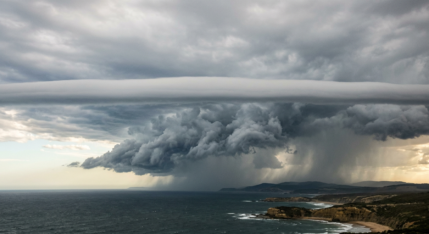 A distinct stable layer of air condensing into a smooth horizontal cloud band above a storm.