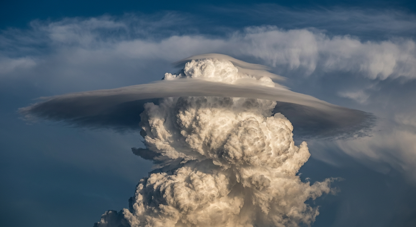 The top of a severe cumulonimbus cloud pushing into and lifting a smooth accessory cloud.