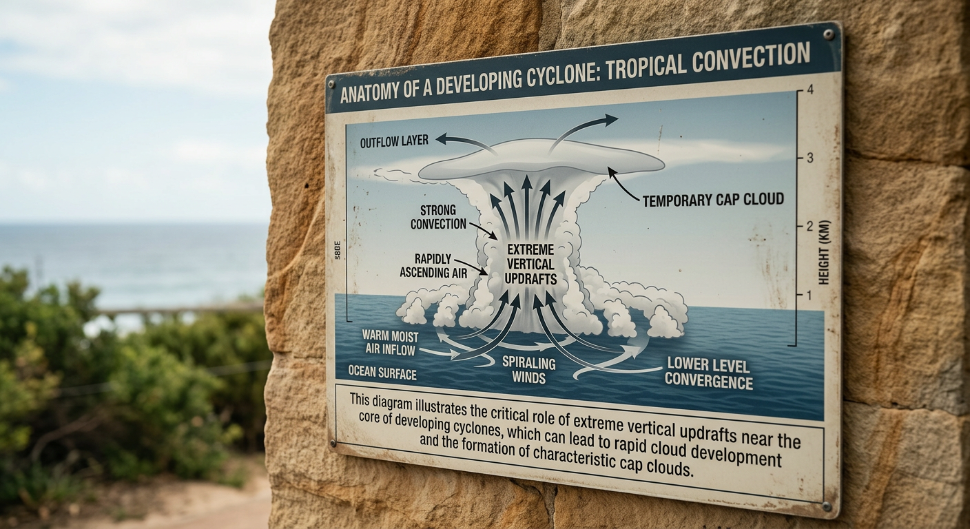 Cross-section diagram of intense vertical updrafts in a developing tropical system.