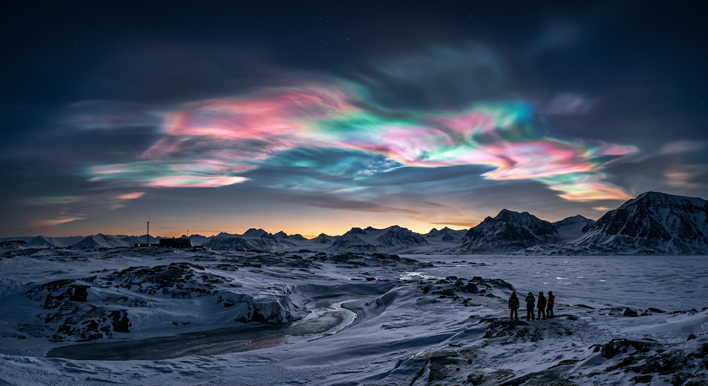 Iridescent polar stratospheric clouds glowing above a dark snowy horizon at twilight.