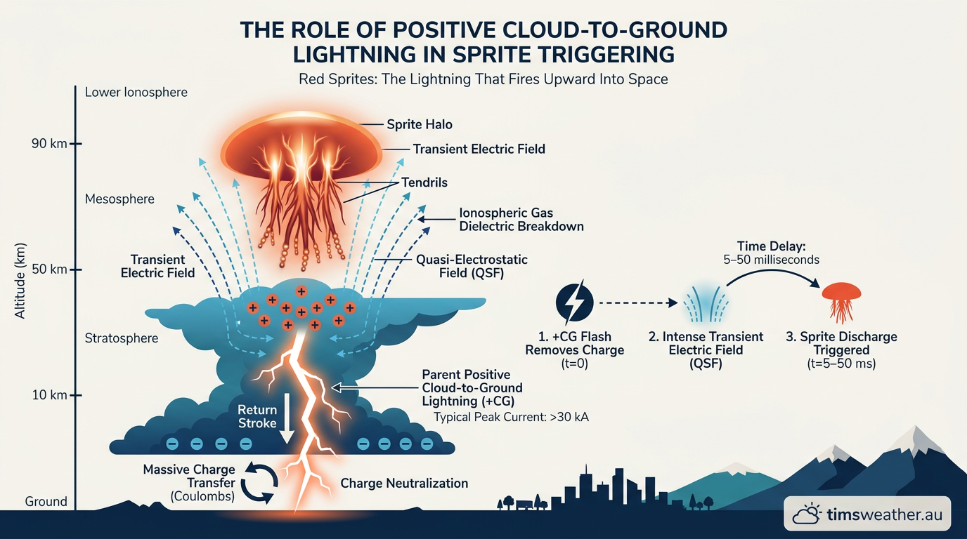 Diagram explaining the role of positive cloud-to-ground lightning in sprite triggering
