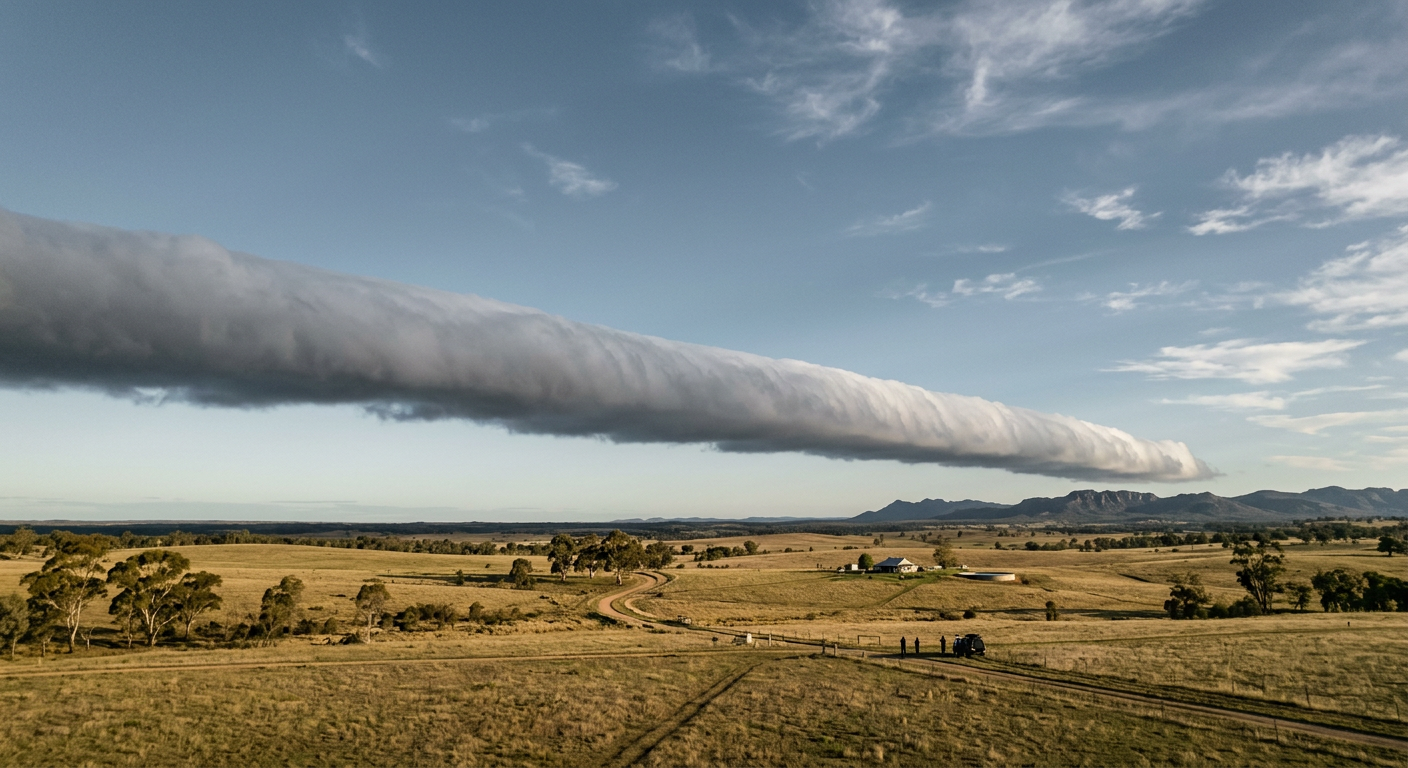 A horizontal roll cloud formation stretching across an open sector