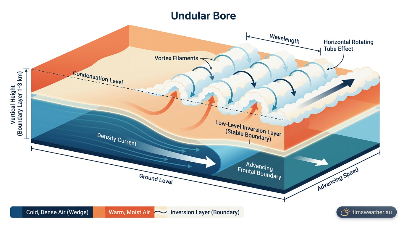 Infographic showing the thermodynamics and wind shear involved in roll cloud formation