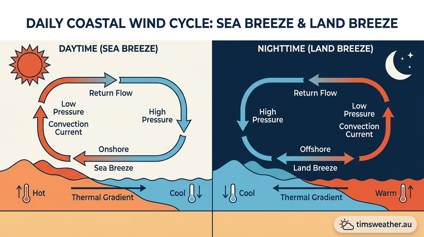 Diagram comparing the onshore sea breeze during the day and the offshore land breeze at night.