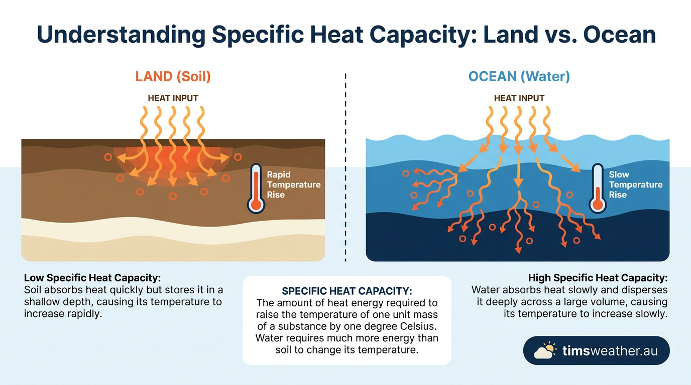 Thermodynamic diagram showing how land absorbs heat faster at the surface than the deeper mixing ocean.