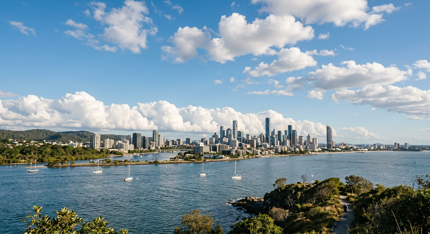 A line of cumulus clouds forming inland over a coastal city as a sea breeze pushes maritime air ashore.