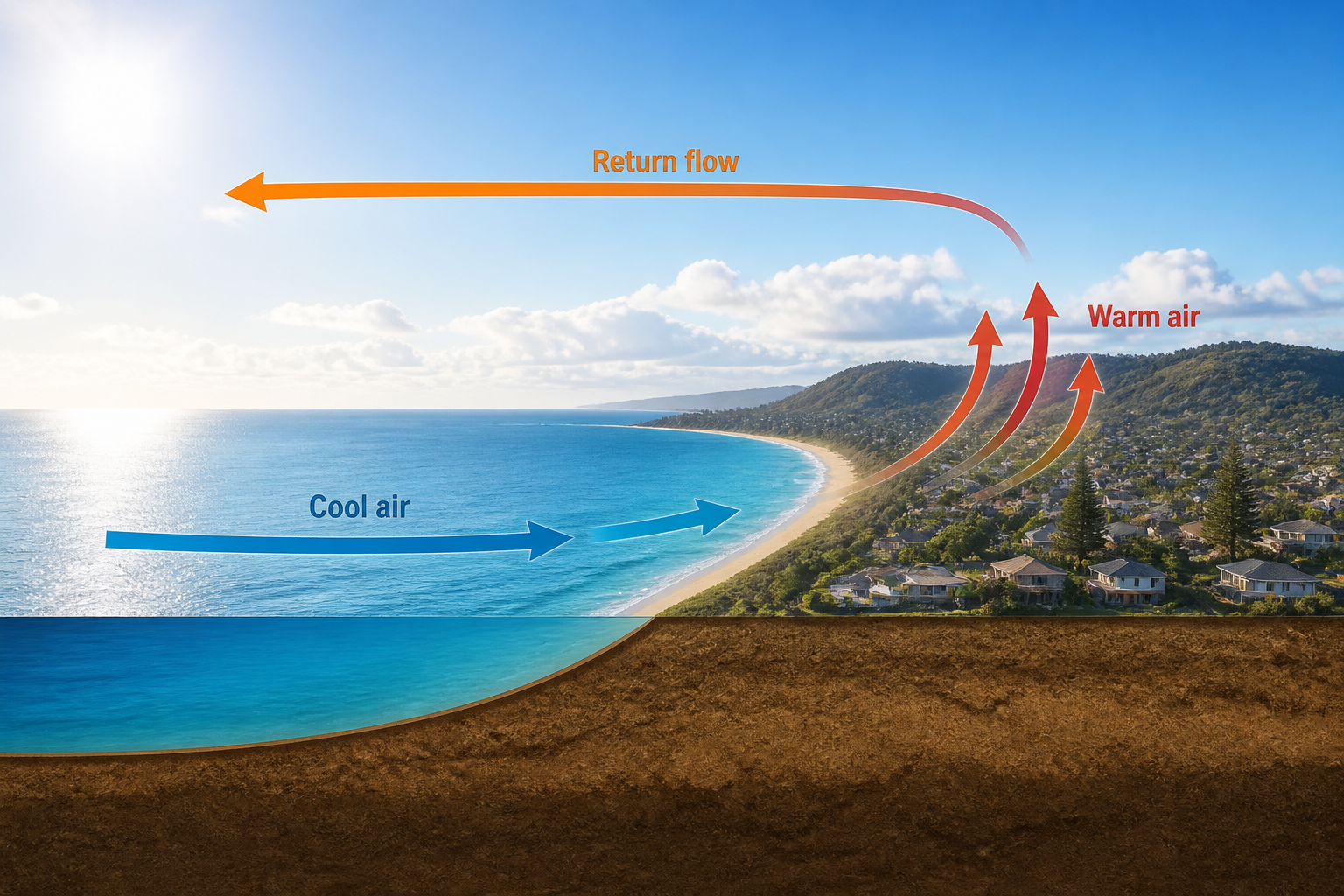 Cross-section diagram of daytime sea breeze circulation showing surface onshore wind and upper-level return flow.