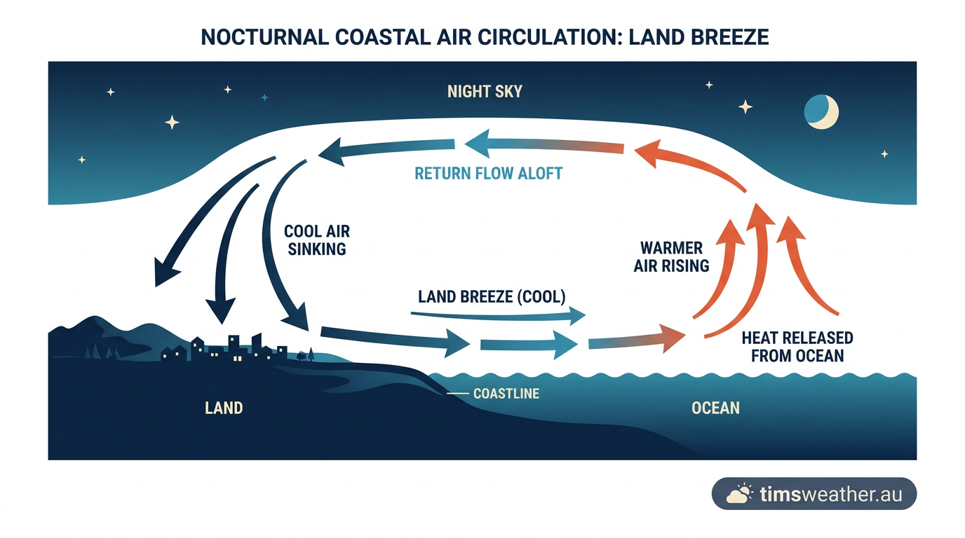 Cross-section diagram of nighttime land breeze circulation showing surface offshore wind.