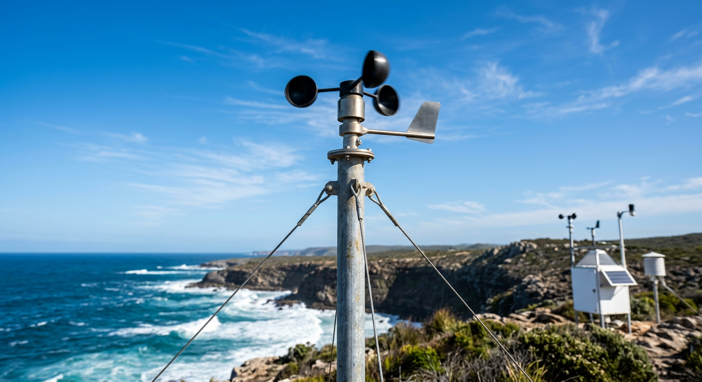 A spinning anemometer measuring wind speed and direction at a coastal weather observation site.