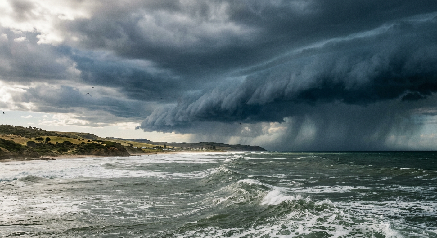 A severe afternoon thunderstorm building over a coastline where the sea breeze has triggered deep convection.