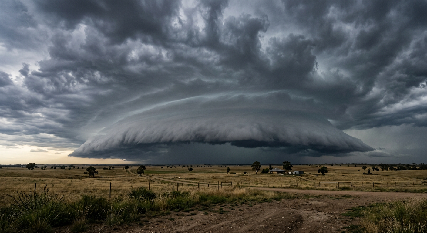 A wide-angle photographic view of a wedge-shaped shelf cloud formation approaching over a rural sector.