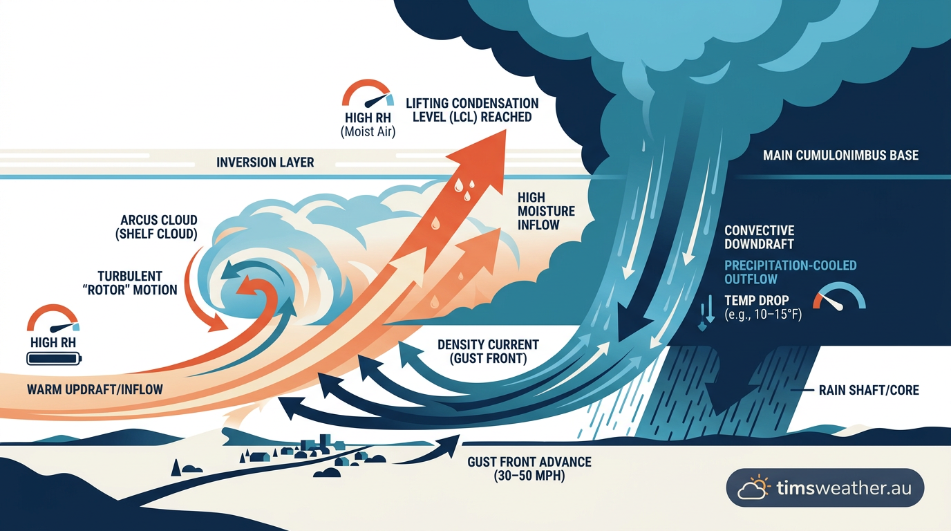 Diagram showing the physical mechanics of shelf cloud formation with cold downdrafts wedging under warm moist air.