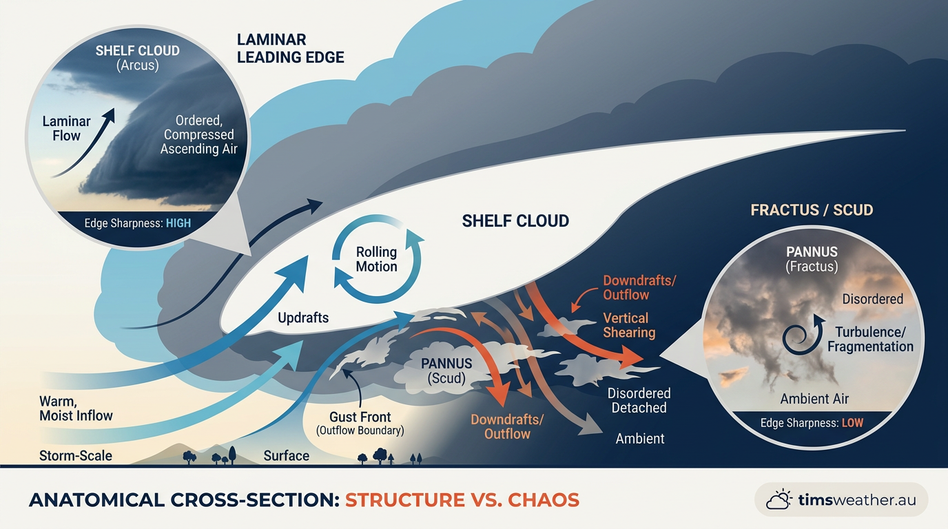 Close up photography showing the turbulent underside of a shelf cloud compared to its smooth top edge.