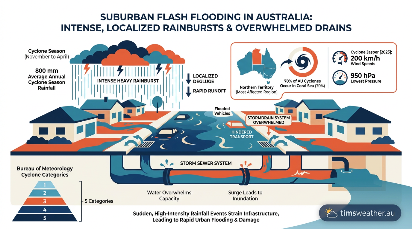 Flash flooding on a suburban street caused by a stalled single cell thunderstorm.