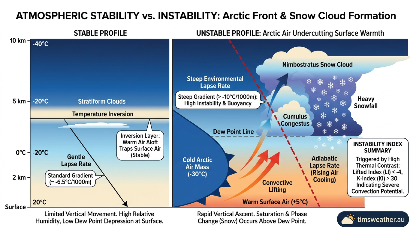 Diagram showing how steep lapse rates and cold air masses force rapid vertical mixing to create a snow band.