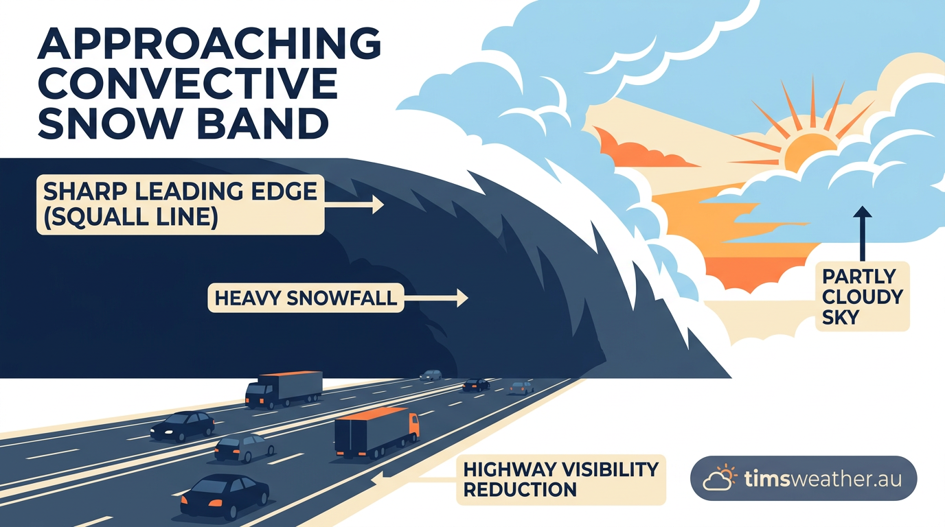 A sharp, distinct wall of heavy snow approaching a clear highway.