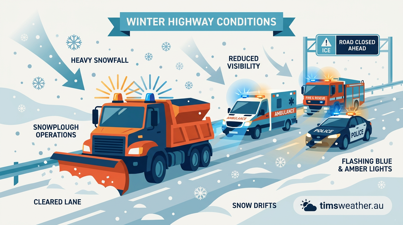 Emergency vehicles and snowploughs operating on a highway during heavy snowfall.
