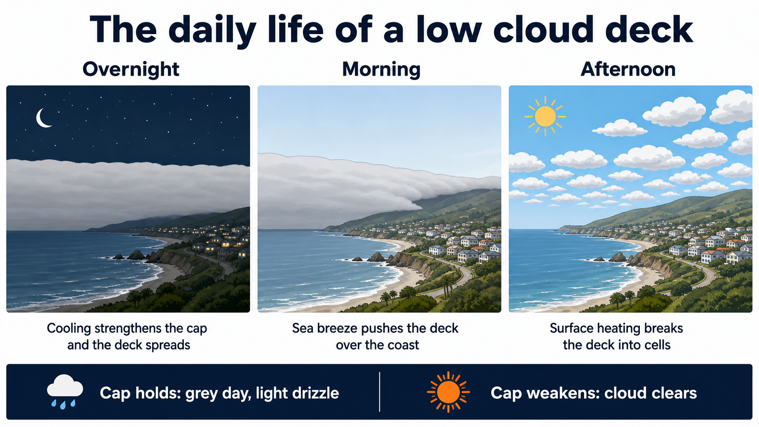 Three-panel infographic showing a low cloud deck spreading overnight, drifting inland on the morning sea breeze, then breaking into cells with afternoon heating.