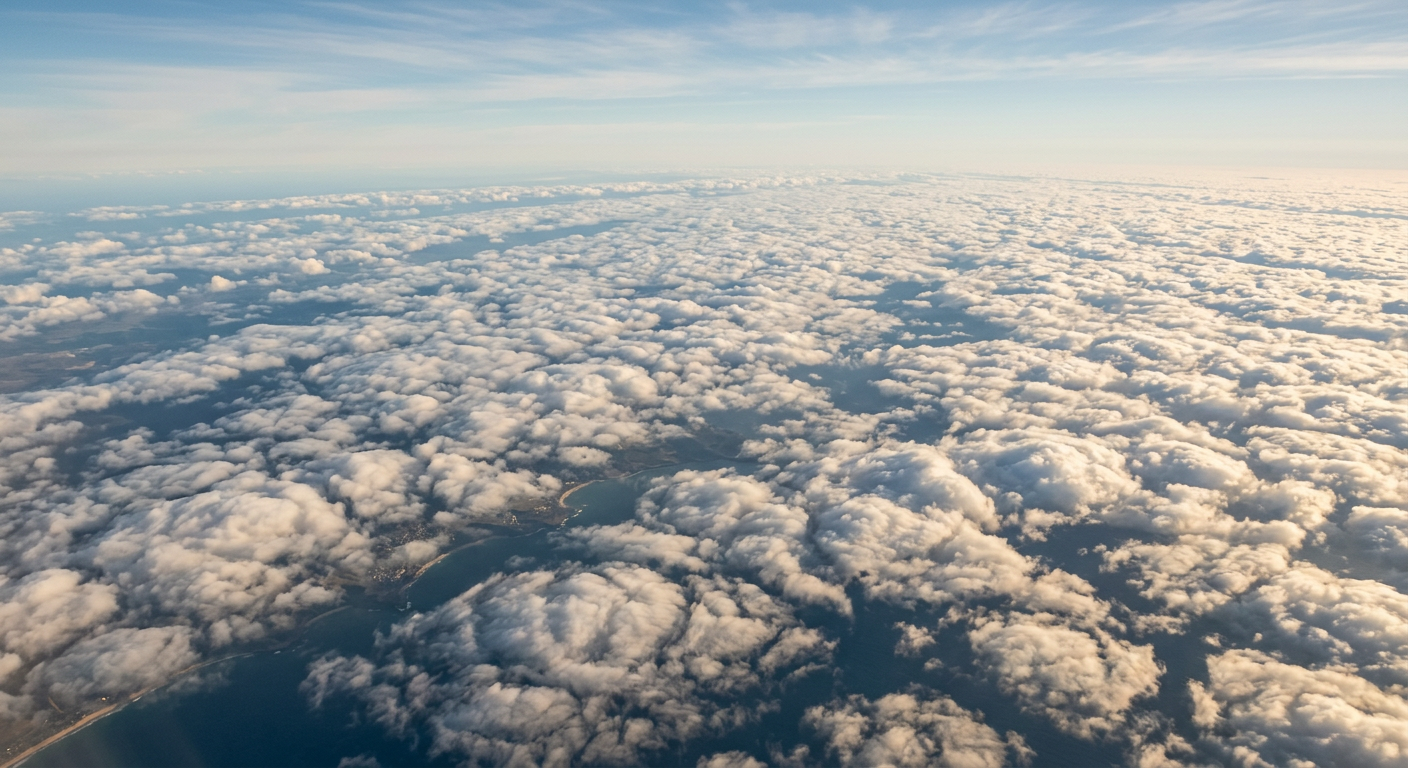 A broad stratocumulus cloud deck over the ocean.