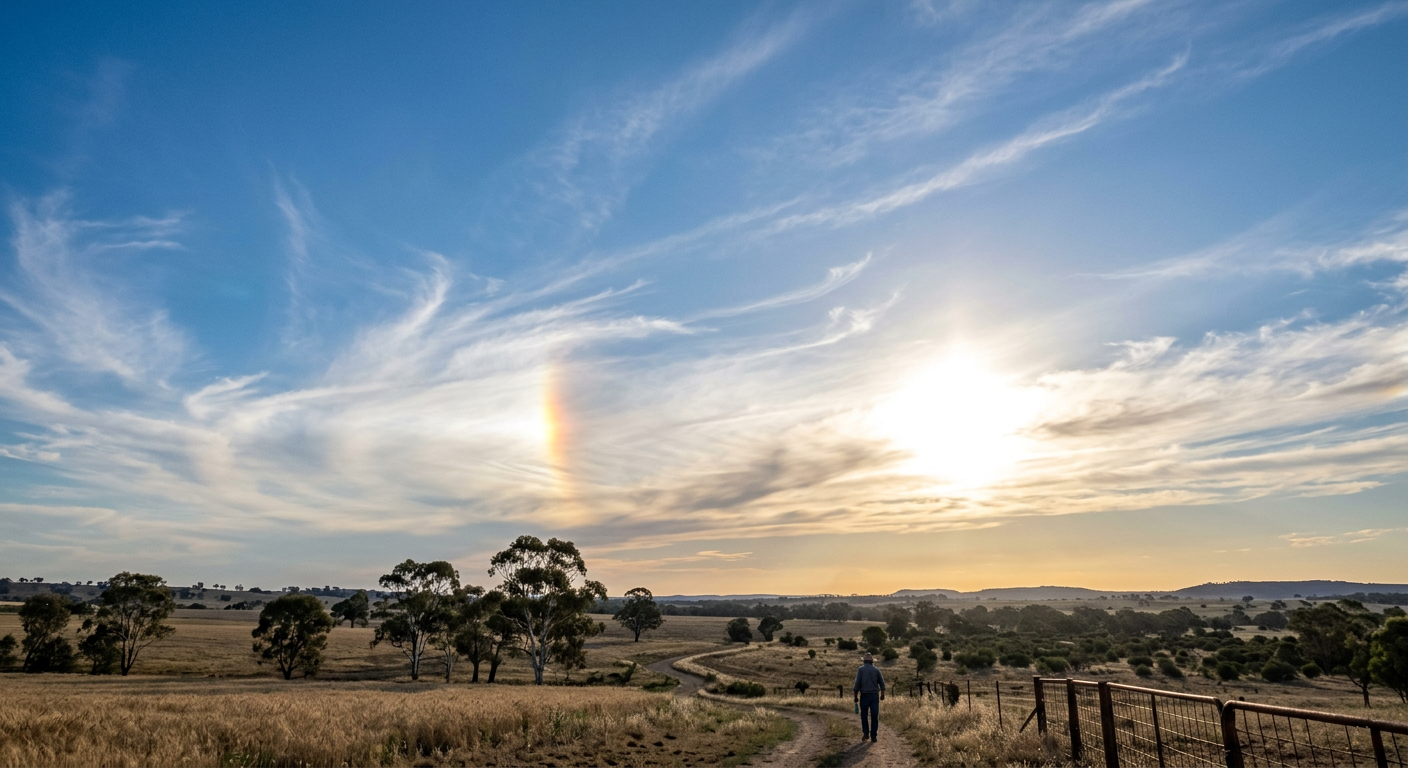 A bright parhelion shining through high cirrus clouds in the Australian sky.