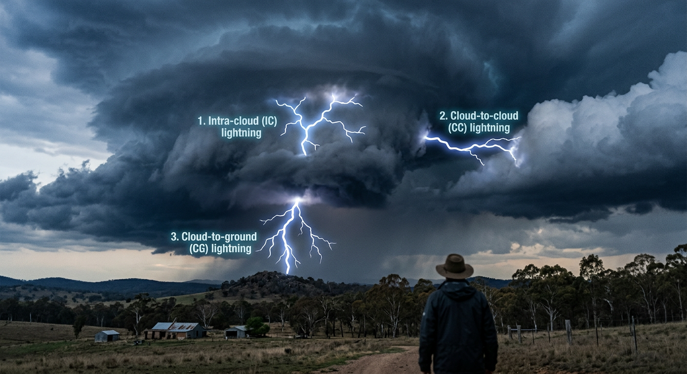 Diagram illustrating the different pathways of intra-cloud, cloud-to-cloud, and cloud-to-ground lightning.