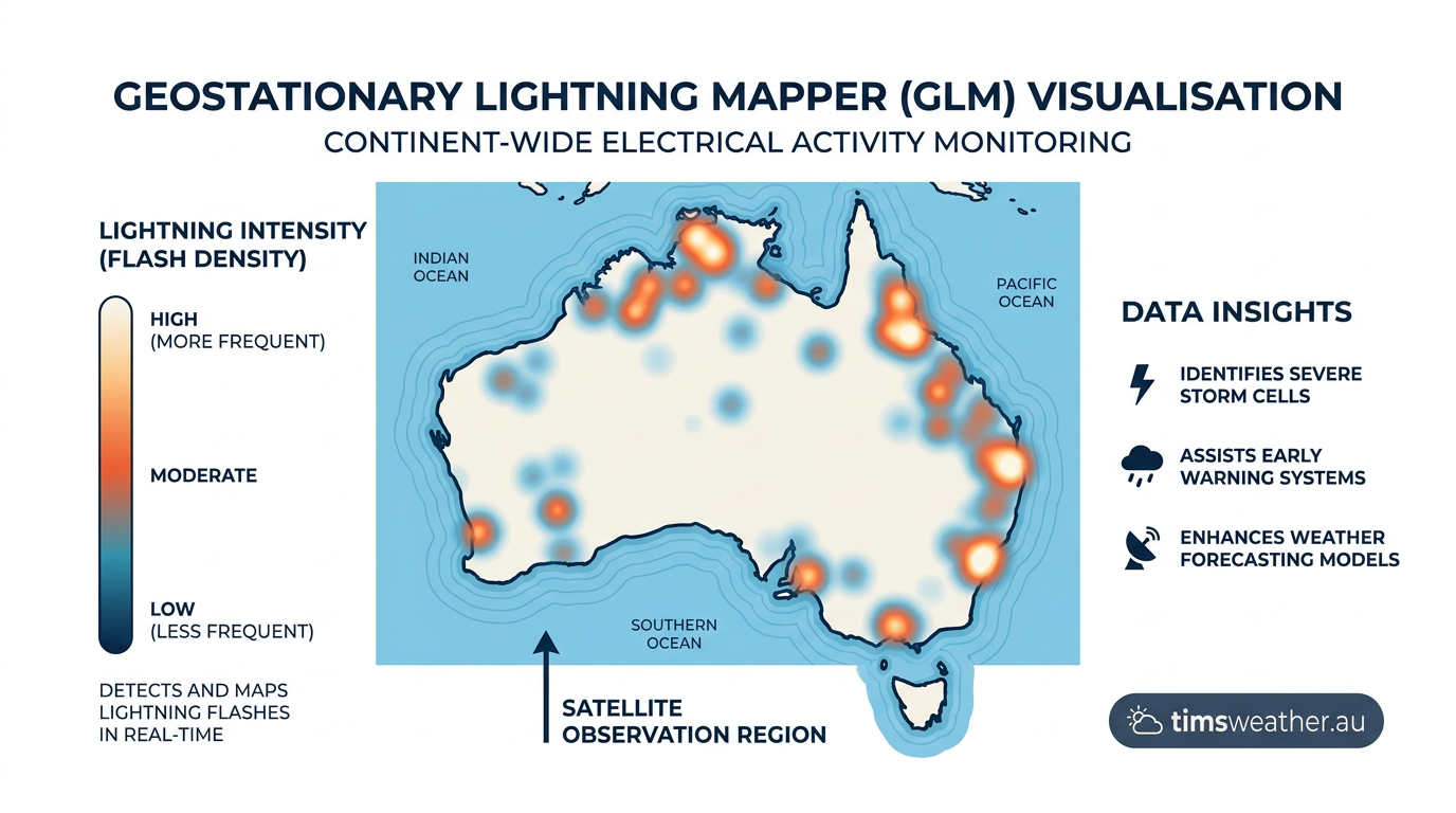 Satellite data visualization showing high densities of lightning activity as glowing spots over a landmass.