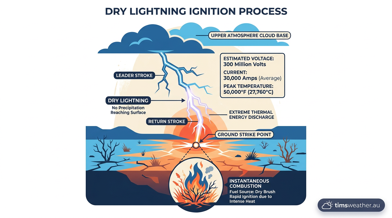 A bright lightning bolt striking dry terrain with no rain falling nearby.