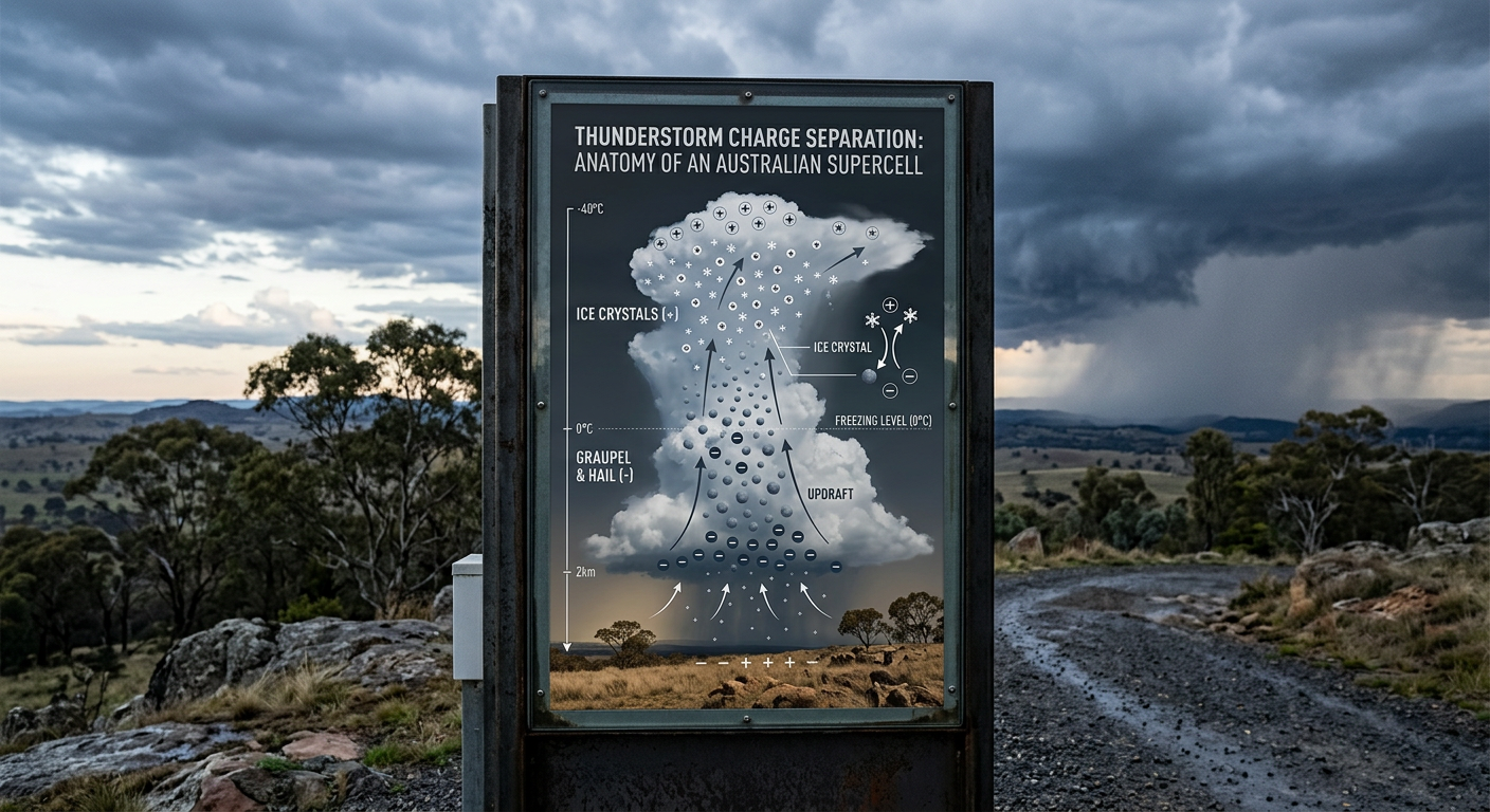 Cross-section of a thunderstorm showing positive charges gathering near the anvil and negative charges near the base.