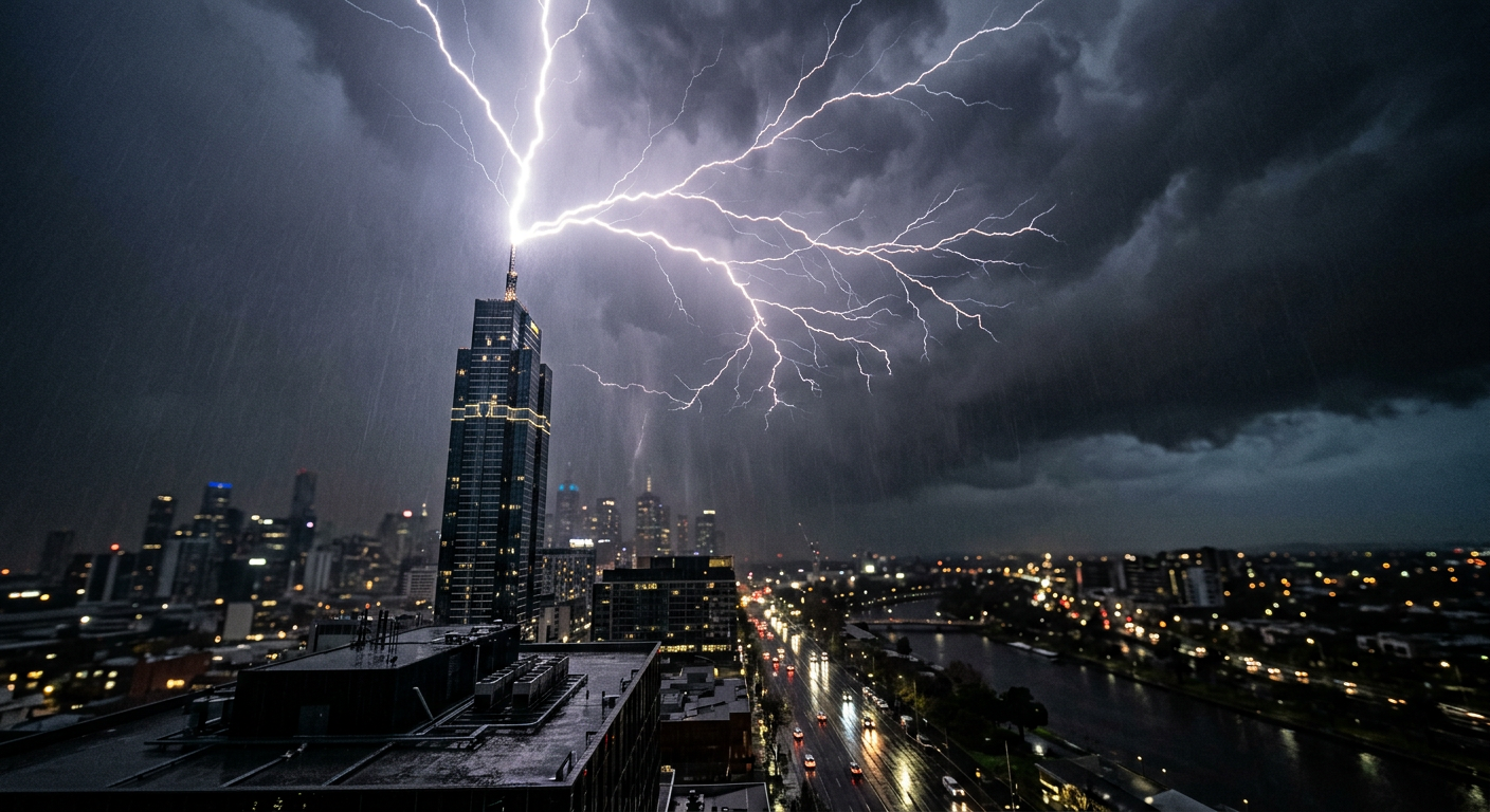 Upward lightning originating from a tall building and branching into the low cloud deck.