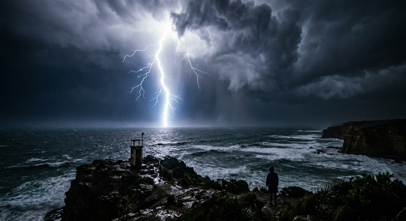 An intensely bright superbolt flashing over the open ocean at night.