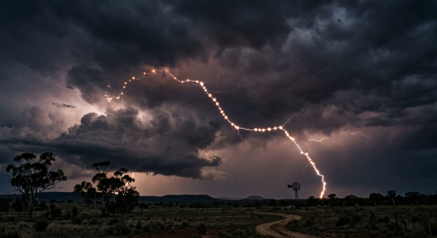 A decaying lightning channel broken into small, glowing segments resembling beads on a string.