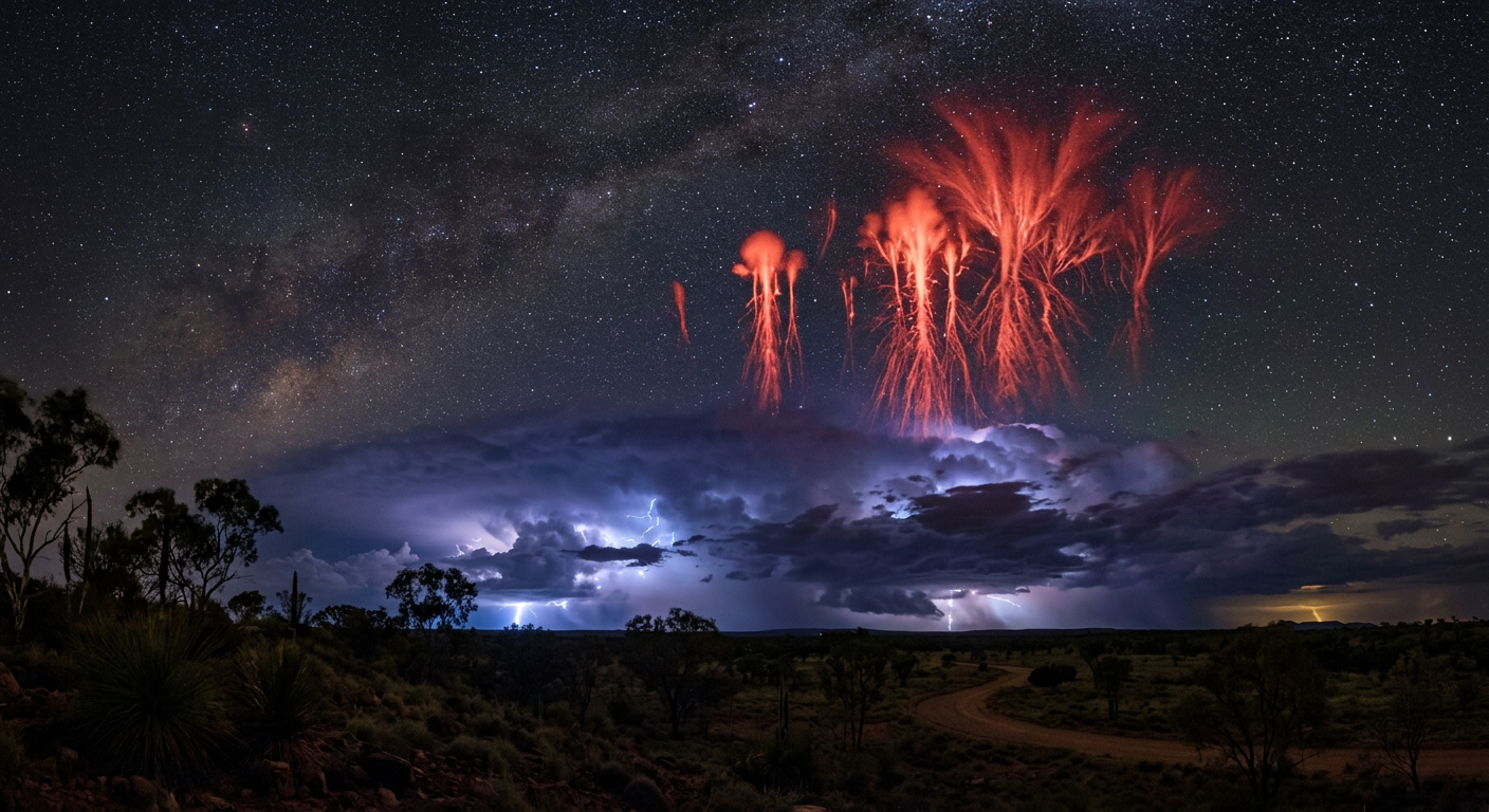 Red sprites glowing brightly in the upper atmosphere above a dark storm cloud.