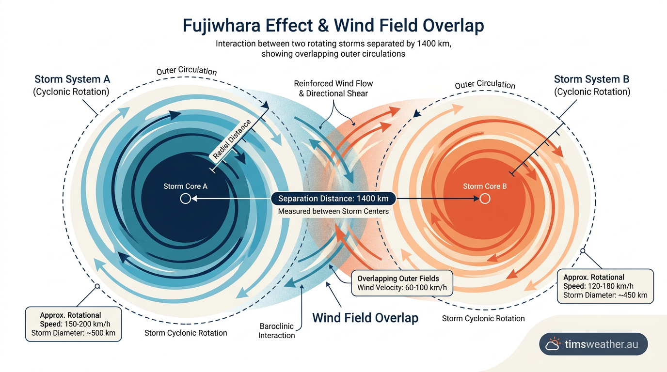 Diagram illustrating the 1400 km distance threshold required for the Fujiwhara effect to begin.