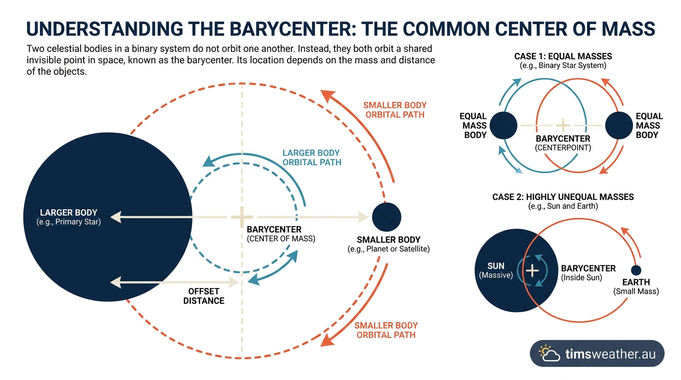 Diagram showing two asymmetrical rotating systems orbiting a shared barycenter.